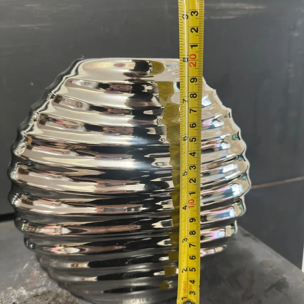 Sculptural Ribbed Ceramic Vase Chrome Silver Metallic Modernist Beehive 8.5in